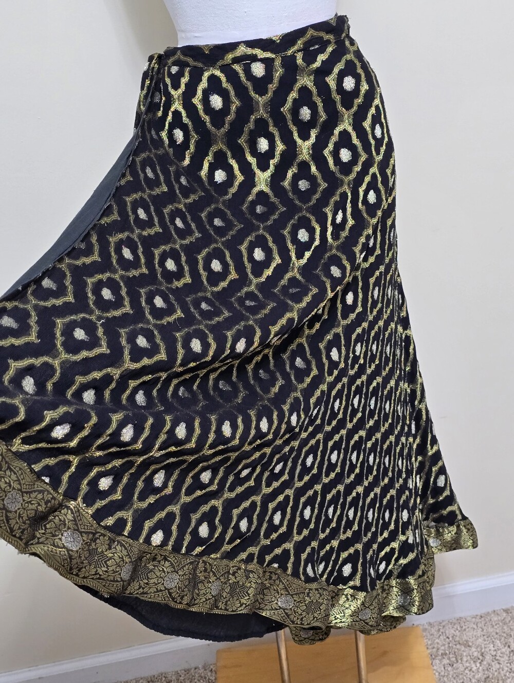 Soft Surroundings Midi Maxi Skirt Sz XL Full Wrap Tie Black Gold Bohemian Indie